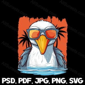 Pellicano che indossa occhiali da sole svg png jpg pdf psd Tipi di file Tropical Grunge Spot Palme Arancione Blu Uso commerciale Grafica Clipart