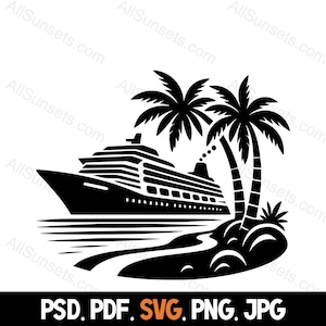 Kreuzfahrtschiff Insel Urlaub Strand Palme Silhouette svg png jpg pdf psd Dateitypen Privat oder kommerziell für Print on Demand