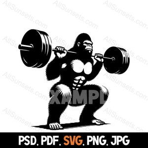 Bigfoot Squatting Heavy Barbell Silhouette svg png jpg psd pdf File Types Yeti Sasquatch Weights Exercise Commercial Use Print on Demand
