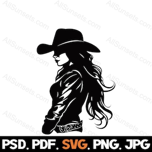 長く流れるような髪のロデオ カウガールのシルエット svg png pdf jpg psd ファイル タイプ かわいい西部の女性カウボーイ ハット ラングラー ベクトル クリップアート