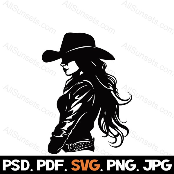 Rodeo Cowgirl With Long Flowing Hair Silhouette svg png pdf jpg psd File Types Pretty Western Woman Cowboy Hat Wrangler Vector Clipart