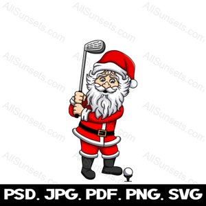 Santa Claus Golfing svg png pdf psd jpg Types de fichiers Noël St Nick Sports Adorable personnage Utilisation commerciale Impression à la demande Clipart