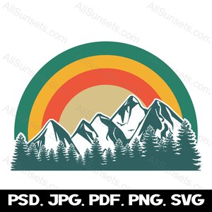 Forêt montagne rétro coucher de soleil arbres à feuilles persistantes SVG aventure graphique extérieur Clipart png psd jpg pdf type de fichier impression commerciale à la demande