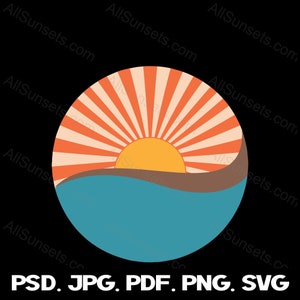 Retro Vintage Sunset Ocean Waves Sun Rays svg png jpg psd pdf File Types Clipart Orange Tan Blue Yellow Commercial License Graphic