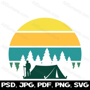 Camping tente arbres rétro coucher de soleil svg png jpg pdf psd Types de fichiers vintage rond cercle forêt utilisation commerciale Clipart
