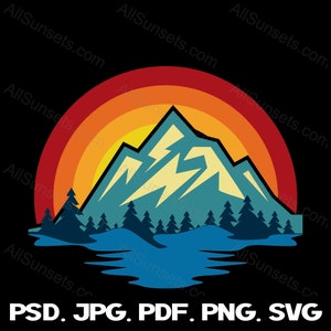 Mountain Lake Retro Sunset svg png jpg psd pdf Types de fichiers Clipart Arbres à feuilles persistantes Modèle de neige Licence commerciale Graphique
