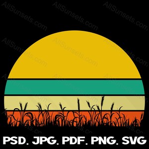 May include: A retro-style graphic featuring a stylized sunset with a yellow sun, teal and beige stripes, and orange grass silhouettes against a black background. The image includes the text "PSD. JPG. PDF. PNG. SVG."