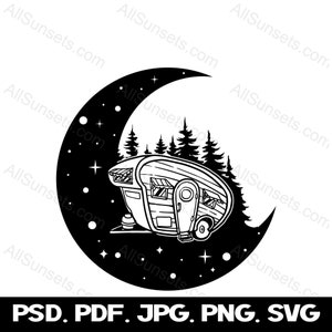 Leuke Klassieke Camper In Het Bos Crescent Moon svg png jpg psd pdf dxf Bestandstypen Clipart Antieke Oude Nacht Sterren Vintage Commercieel Gebruik