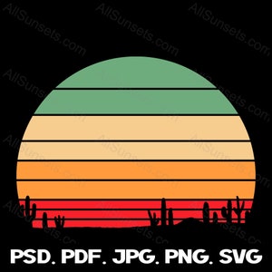 Cactus désert rétro coucher de soleil PNG SVG coupe fichiers Western Southern Cacti utilisation commerciale impression sur demande Clip Art