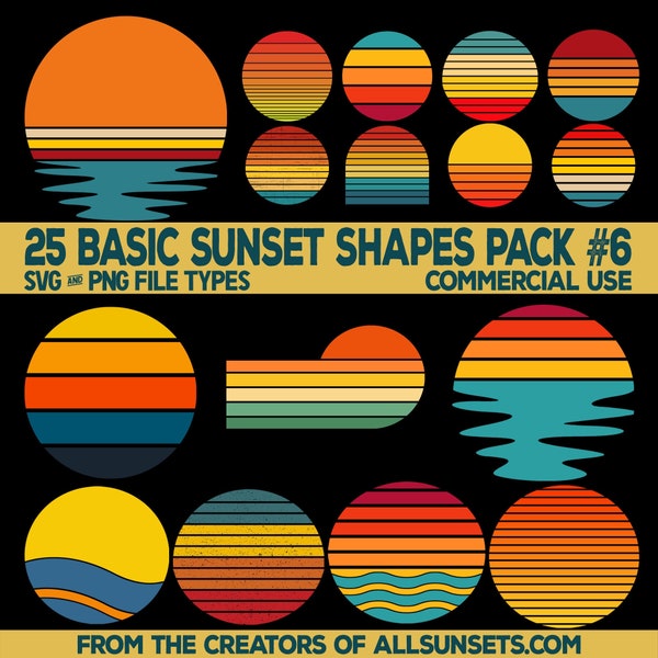 25 Retro Sunsets Basic Shapes Clip Art PNG Circle Rectangle Various Commercial License Print On Demand
