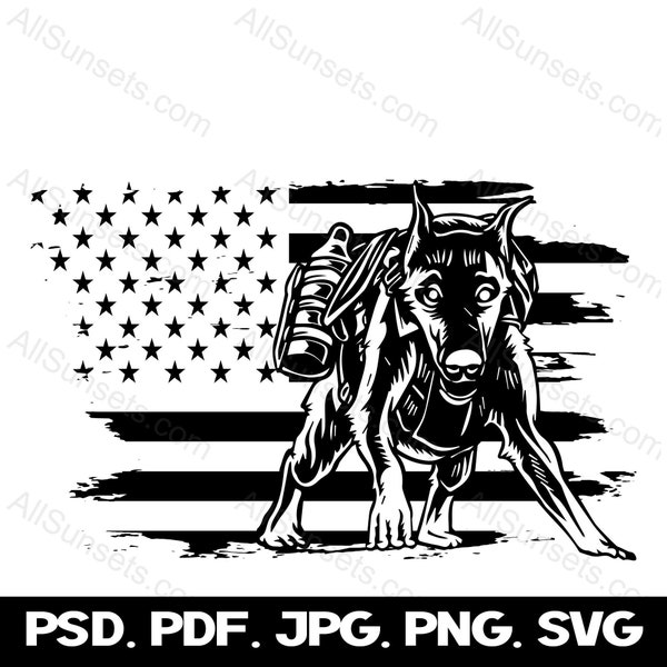 Service Dog American Flag Grunge svg png psd pdf jpg File Types Doberman Clipart Graphics Animal Commercial Use Print on Demand