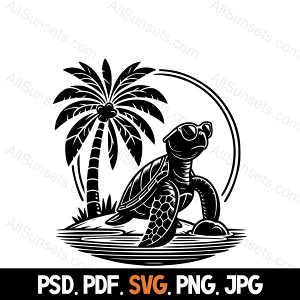 Sea Turtle Wearing Sunglasses Palm Tree Island Sunset Silhouette svg png jpg pdf psd File Types Home or Commercial Use for Print on Demand