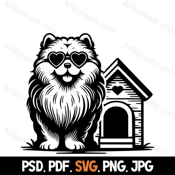 Chow Chow Dog Wearing Heart Sunglasses Silhouette svg png pdf jpg psd File Types Cool Love Puppy Commercial Use Print on Demand Clipart
