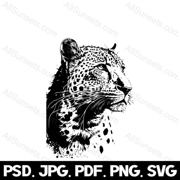 Leopard Face svg png jpg pdf psd File Types African Wildlife Big Cat Silhouette Grunge Dirty Clipart Commercial Use Print on Demand Graphics