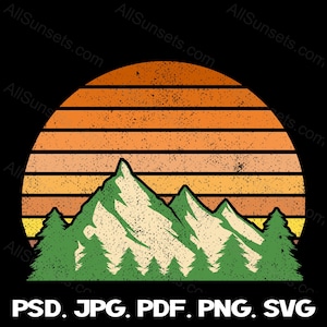 Retro Mountain Sunset svg png jpg psd pdf File Types Clipart Trees vintage Distressed Orange Green Tan Commercial Use