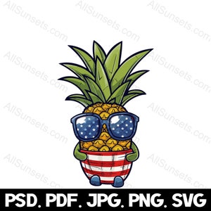 Patriotic Pineapple Character Wearing Sunglasses svg png jpg pdf psd File Types American Flag Food Logo 4th Of July Commercial Use Graphic