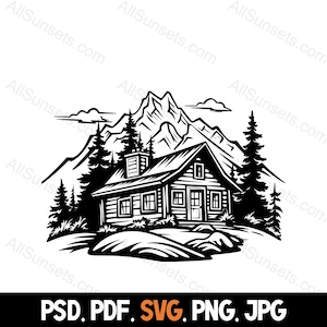Kleine Haus Berge Wald Silhouette svg png jpg psd pdf Dateitypen Haus Hütte Bäume Wald Kommerzielle Nutzung für Print on Demand Grafik