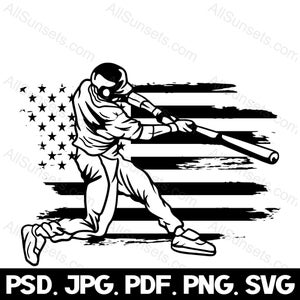 Jugador de béisbol Bandera estadounidense svg png jpg pdf psd Tipos de archivo Vintage Patriótico Grunge Deportes Bateador Uso comercial Clipart
