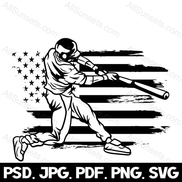 Baseball Player American Flag svg png jpg pdf psd File Types Vintage Patriotic Grunge Sports Batter Commercial Use Clipart