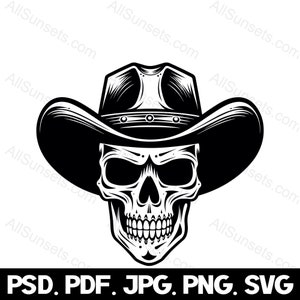 Schädel mit Cowboyhut svg png svg psd Dateitypen Coole Skelett Silhouette Western Vektor kommerzielle Nutzung Clipart