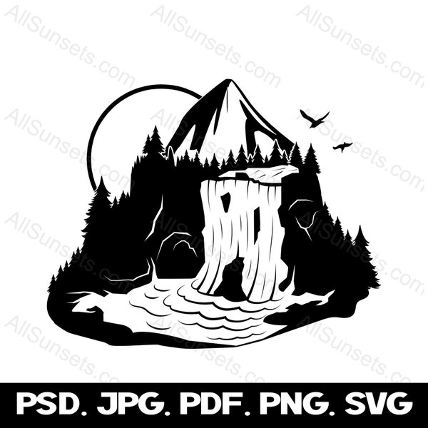 Waterfall Forest Mountain SVG png psd jpg pdf File Type Graphic Scene Vector Silhouette Clipart Print On Demand Commercial Use
