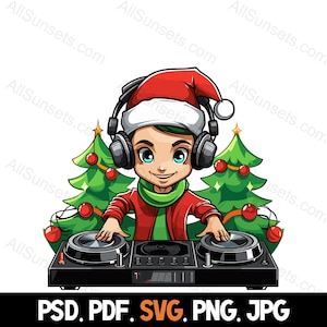 Christmas Elf Music DJ svg png pdf psd jpg Types de fichiers Clipart couleur pour un usage commercial Impression à la demande Graphique