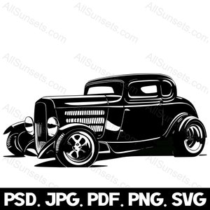 Types de fichier voiture Hot Rod voiture svg png psd jpg pdf vintage des années 40, véhicule classique des années 40, des années 40, des cliparts graphiques vectoriels impression commerciale à la demande