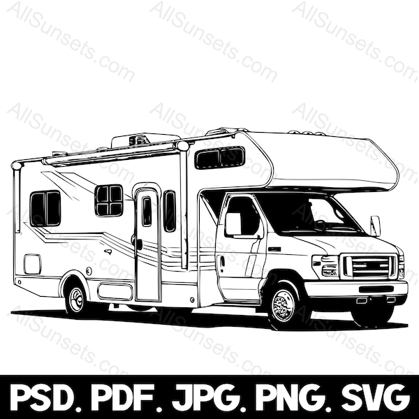 Class C Motorhome Silhouette svg png psd jpg pdf File Types Camper Vehicle Motorcoach Bus Vector Commercial Use Graphic