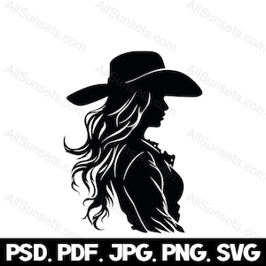 Cowgirl Hübsche Lange Haare Silhouette svg png pdf jpg psd Dateitypen Curly Western Lady Cowboy Hut Wrangler Vektor Clipart