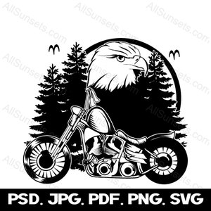 Motorrad Wald Mond Adler svg png jpg psd pdf Vektordateiformate Biker-Grafiken Print on Demand Kommerzielle Nutzung Clip Art