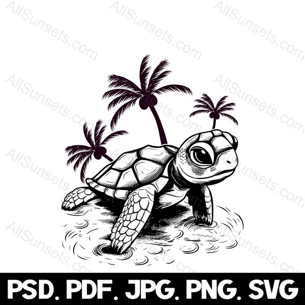 Sea Turtle Baby Palm Trees Silhouette svg png psd jpg pdf File Types Adorable Ocean Turtle Beach Vector Commercial Use