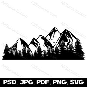Forest Mountain SVG Grafik Motiv Vektor Evergreen Bäume Silhouette Clipart png psd jpg pdf Datei Typ Print On Demand Kommerzielle Nutzung