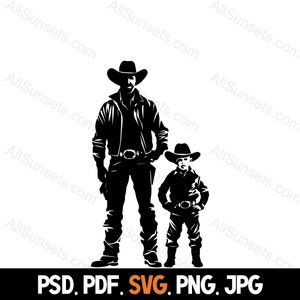 Cowboy Vater Sohn Junge svg png svg jpg psd Dateitypen Dad Rancher männlich Kind Silhouette Wrangler Rodeo Western Vektor kommerzielle Nutzung