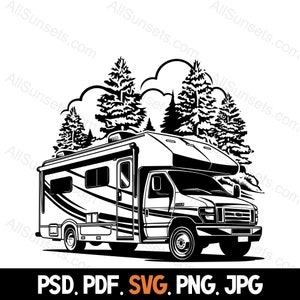 Silhouette de scène de camping-car sauvage de classe C svg png psd jpg pdf Types de fichiers camping-car autocar vectoriel impression à la demande graphique à usage commercial