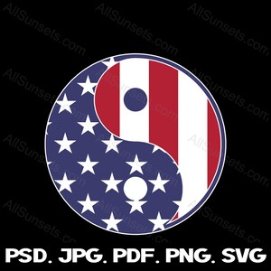 Puede incluir: Un símbolo yin yang con el diseño de la bandera estadounidense. El lado izquierdo del símbolo es azul con estrellas blancas y el lado derecho es rojo y blanco.