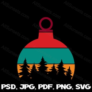 Ornement de Noël Arbre Découpé Rétro Coucher de soleil svg png jpg pdf psd Types de fichiers Clipart Commercial Use Print on Demand Graphics