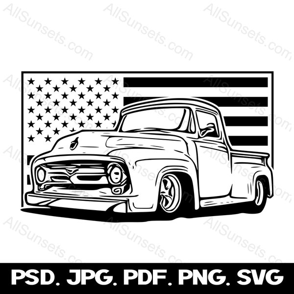 Classic Pickup Truck American Flag SVG Vintage 50's Vehicle 1950 Vector Graphic Clipart png psd jpg pdf Files Commercial Print On Demand Use