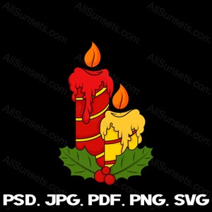 May include: Two candles, one red and one yellow, with dripping wax, are surrounded by green holly leaves and red berries. The candles are lit and have flames.