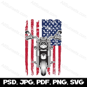 Bandiera americana motocicletta svg png jpg psd pdf Tipi di file Patriottico USA Biker Design Uso commerciale Clipart grafico trasparente