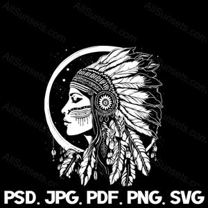 Coiffe de jeune fille indienne pleine lune svg png jpg pdf psd Types de fichiers femme amérindienne fille Lady Silhouette Clipart usage commercial graphique
