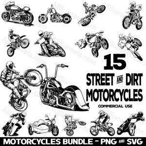 Motociclette Dirt Street Bikes Bundle Pack svg png jpg pdf psd Tipi di file Motociclisti Cafe Racers Vettori Grafica Clipart Uso commerciale