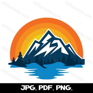 Montagne lac coucher de soleil rétro PNG SVG JPG pdf arbres à feuilles persistantes orange incurvé modèle de téléchargement immédiat licence commerciale Clipart Graphic