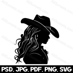 Cowgirl capelli lunghi fluenti Silhouette svg png pdf jpg psd Tipi di file Pretty Lady Cappello da cowboy occidentale Wrangler Capelli lunghi Vector Clipart