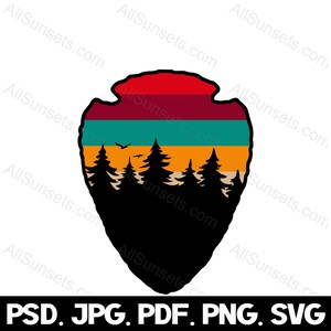 May include: A retro-style graphic of a forest scene with a sunset in the background. The graphic is in the shape of a National Park Service arrowhead logo. The colours are red, orange, yellow, green, and blue.