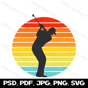 Männliche Golfer Retro Sonnenuntergang Kreis svg png jpg psd pdf Dateitypen Golfing Man Dad Silhouette Kommerzielle Nutzung Clipart
