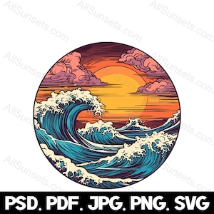 Ondas do mar Retro Sunset Circle svg png psd jpg pdf Redondo Clipart Água Praia Uso comercial Imprimir gráficos sob demanda