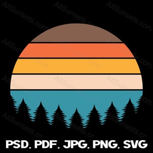 Rétro vintage coucher de soleil arbres à feuilles persistantes PNG SVG coupe fichiers Clipart lever du soleil forêt bleu jaune Orange utilisation commerciale impression à la demande graphique