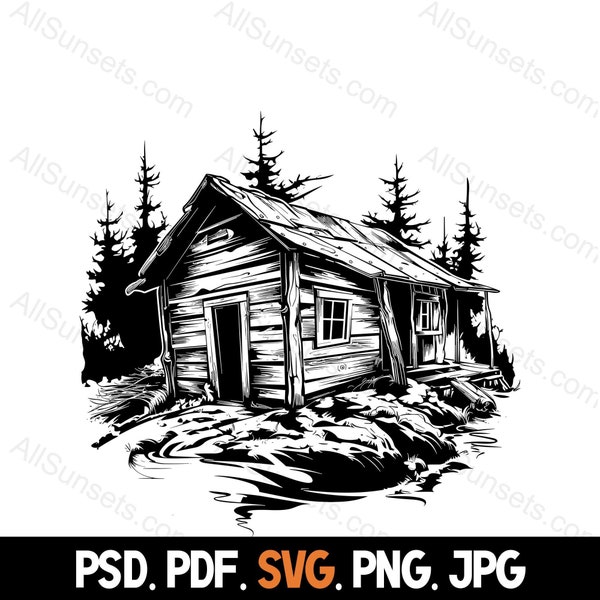 Rustic Cabin In Forest Silhouette svg png jpg psd pdf File Types Old Worn Out Home Cabin Woods Commercial Use for Print on Demand Graphic