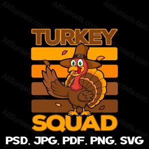 面白い感謝祭 svg png pdf psd jpg ファイルタイプ 友人や家族のグループのための七面鳥のチーム Cricut 商用利用 オンデマンド印刷 クリップアート