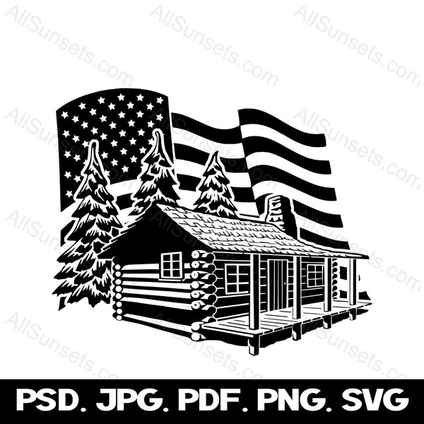 Log Cabin Woods American Flag PNG SVG Files Patriotic Camping Lodge Home House Life USA Commercial Use Print On Demand Graphic Clipart